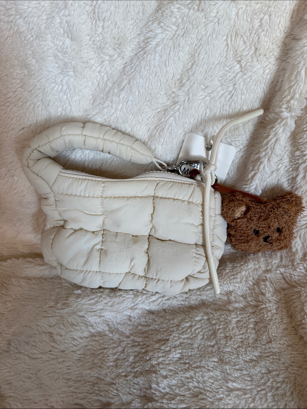 Love Tree Cream Quilted Mini Puffer Bag with Teddy Bear Charm NWT Soft Girl
